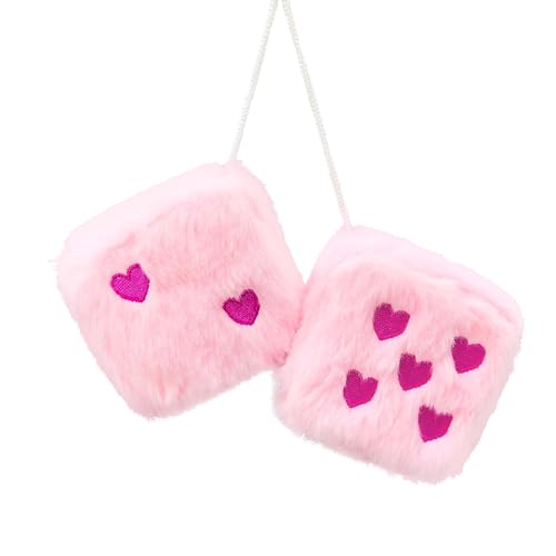 Lutoku Rose Red Heart Embroidered Pink Fuzzy Plush Dice 3Inch Decorative Car Mirror Hanging Ornaments Soft Foam Easy Install Great Gift Idea Baby PinkRose - Image 1