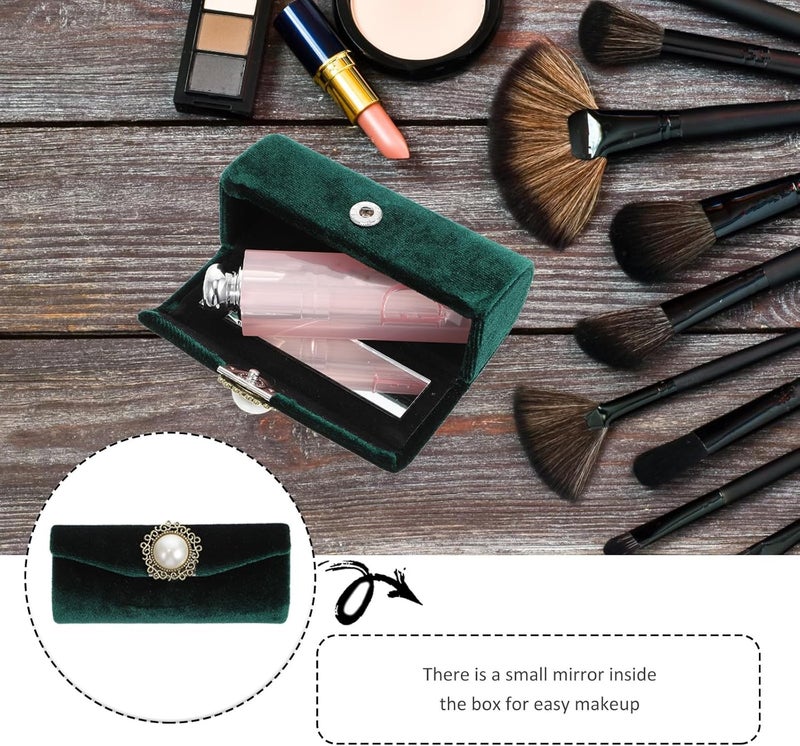 Vintage Plush Lipstick Case with Mirror, Single Lipstick Container Keychain Holder, Dark Green Plush Cosmetic Storage for Travel and Daily Use - Image 3