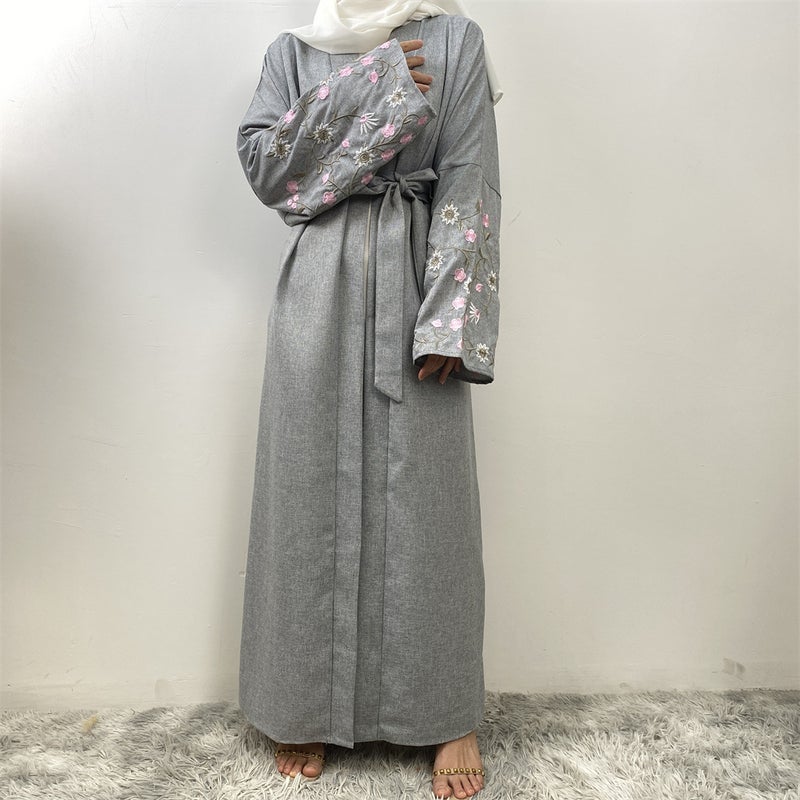 monica fashion Fashion Linen Embroidered Patchwork Cardigan Robe - Image 2