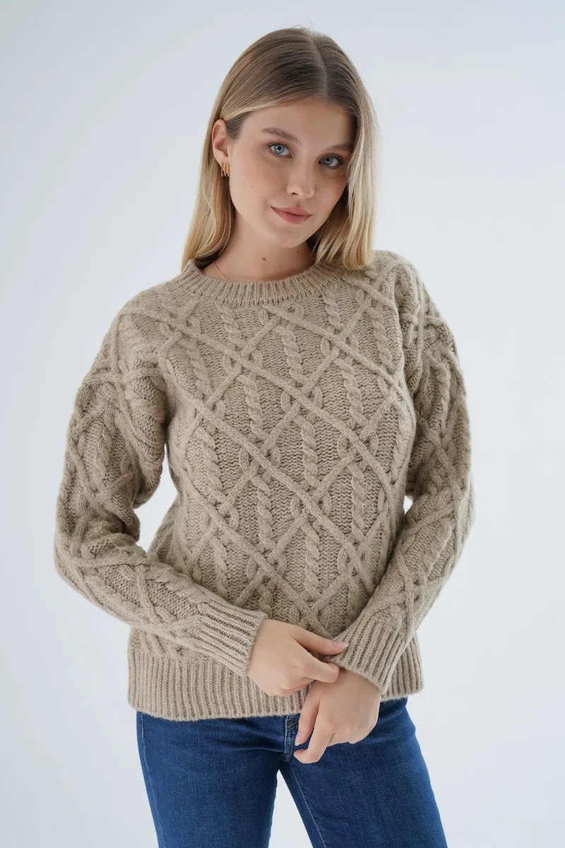 Trist Star Women's Beige Crew Neck Walk Hair Knitted Wool Blend Special Yarn Knitwear Sweater TRIST-6164
