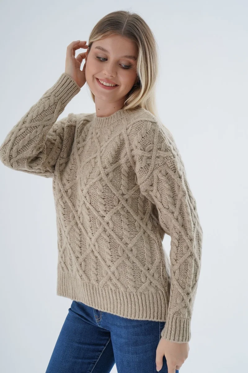 Trist Star Women's Beige Crew Neck Walk Hair Knitted Wool Blend Special Yarn Knitwear Sweater TRIST-6164