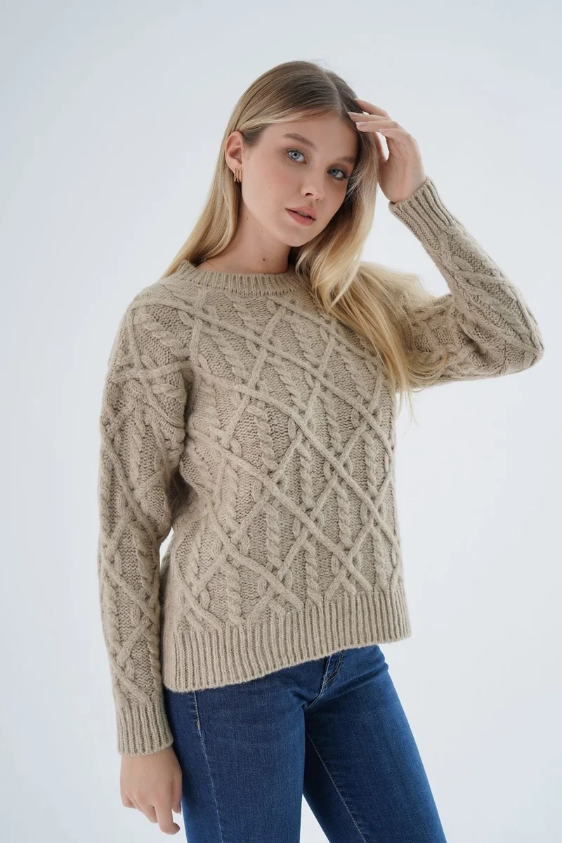 Trist Star Women's Beige Crew Neck Walk Hair Knitted Wool Blend Special Yarn Knitwear Sweater TRIST-6164
