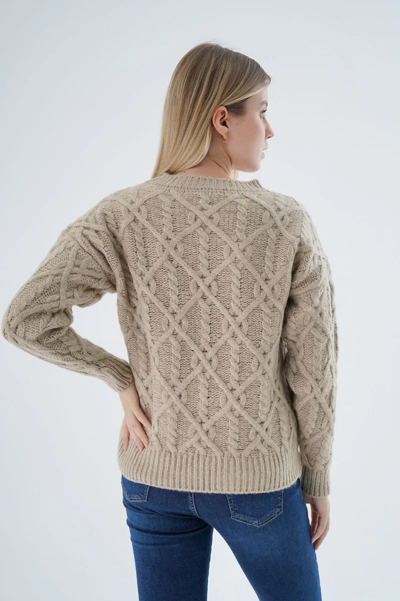 Trist Star Women's Beige Crew Neck Walk Hair Knitted Wool Blend Special Yarn Knitwear Sweater TRIST-6164