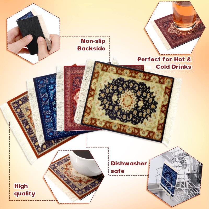Tatuo 4 Pieces Rug Table Coasters Table Drink Holders Oriental Design Fabric Carpet Drink Mats Oriental Design Fabric Elegant Carpets Kitchen and Bar Mats for Home Office(Square,Classic Pattern) - Image 4