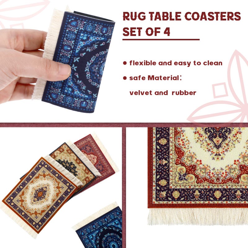Tatuo 4 Pieces Rug Table Coasters Table Drink Holders Oriental Design Fabric Carpet Drink Mats Oriental Design Fabric Elegant Carpets Kitchen and Bar Mats for Home Office(Square,Classic Pattern) - Image 3
