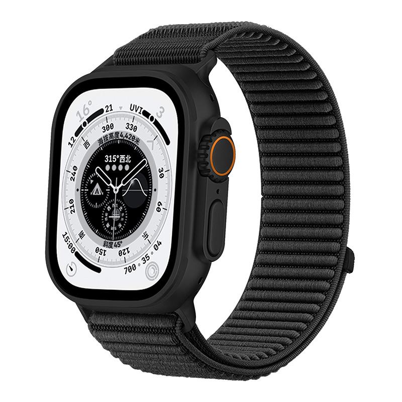 سوار ساعة Apple Watch 42 / 44 / 45 / 46 / 49 مم من النايلون المنسوج مع خطاف وحلقة (أسود) - Image 1