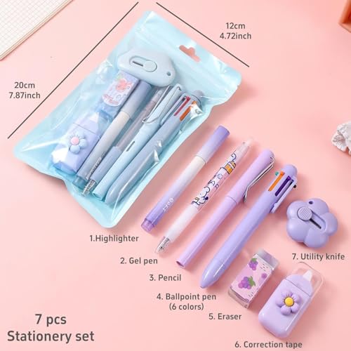 RAMNATH IMPEX Cute Kawaii Stationery Set for Kids - Aesthetic Pastel Pens, MultiColor Pen, Gel Pens, Erasers, Correction Tape, Highlighter, School Supplies, Birthday Gift, Return Gift Set Boys and Girls (7 in 1). - Image 2