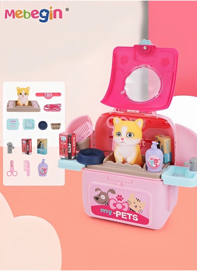 MEBEGIN 2 in 1 Pet Care Role Play Set, Creative Cat Grooming Toys Bag with Adjustable Backpack Straps, Portable Pet Backpack Toy Set with Rich Accessaries, Play House Toys for Kids, Educational Toy, Great Gift for Kids who Like Animals  - Image 2