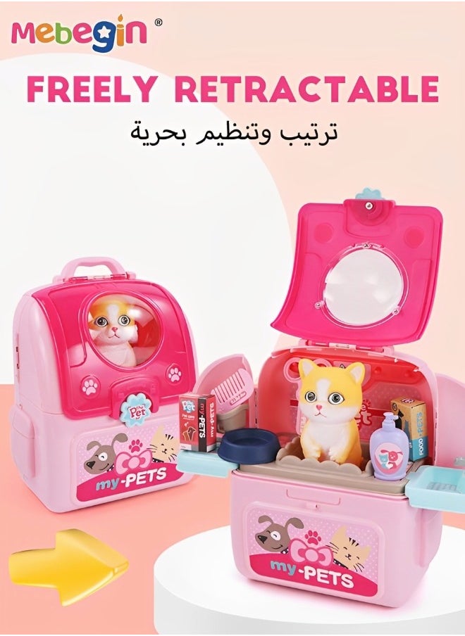MEBEGIN 2 in 1 Pet Care Role Play Set, Creative Cat Grooming Toys Bag with Adjustable Backpack Straps, Portable Pet Backpack Toy Set with Rich Accessaries, Play House Toys for Kids, Educational Toy, Great Gift for Kids who Like Animals  - Image 4