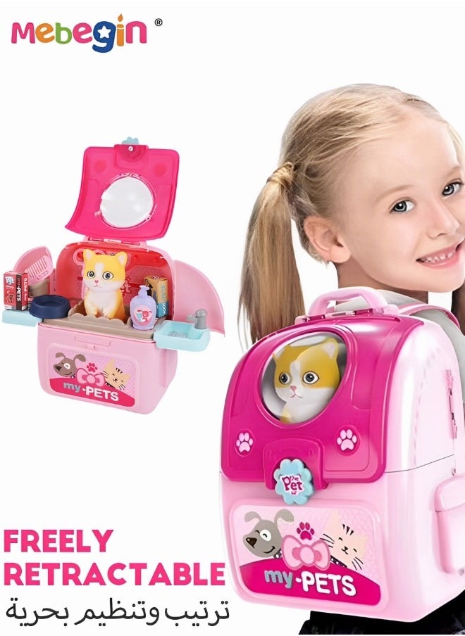 MEBEGIN 2 in 1 Pet Care Role Play Set, Creative Cat Grooming Toys Bag with Adjustable Backpack Straps, Portable Pet Backpack Toy Set with Rich Accessaries, Play House Toys for Kids, Educational Toy, Great Gift for Kids who Like Animals  - Image 3