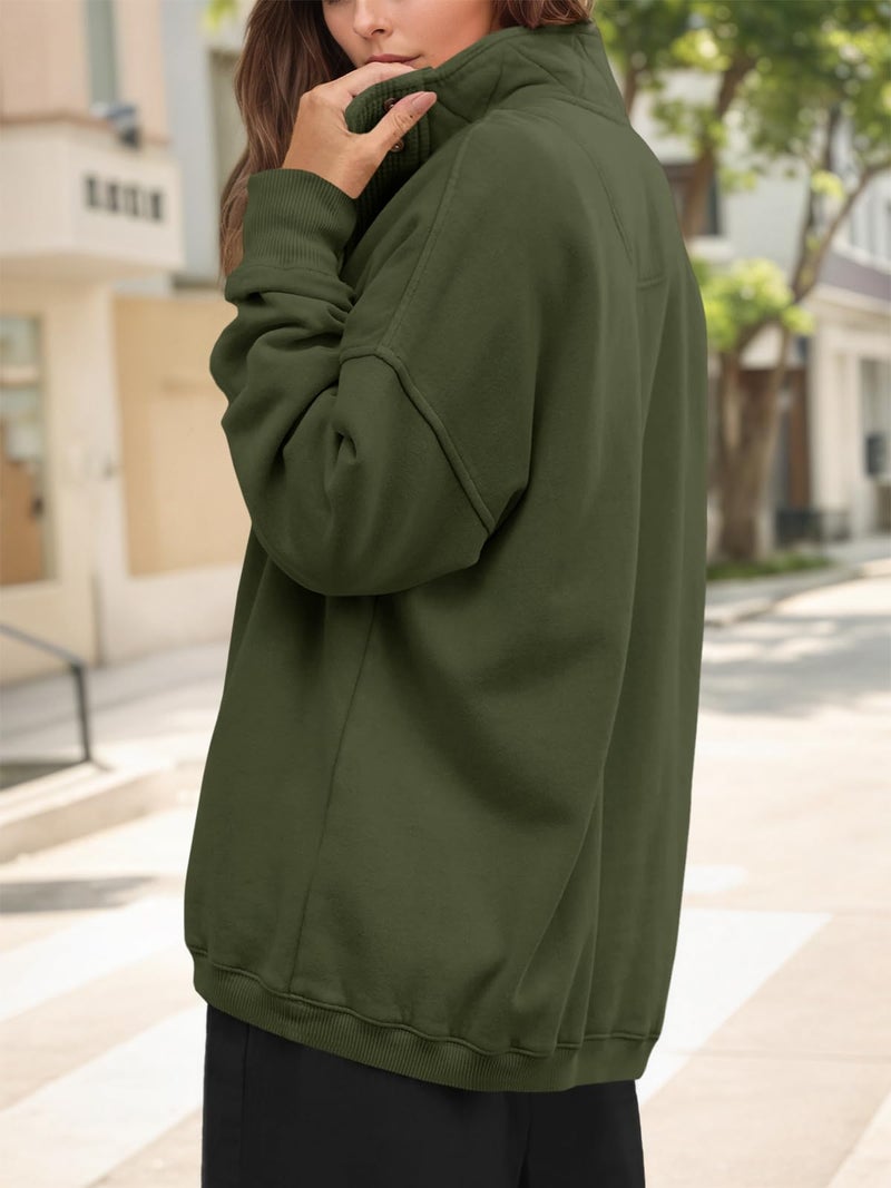Fisoew Womens Oversized Sweatshirt Casual Snap Stand Collar Long Sleeve Pullover Tops Fall Travel Outfits Army Green - Image 3