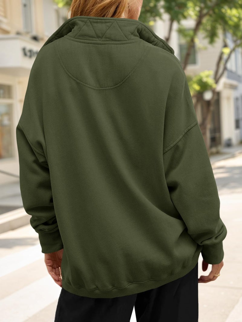 Fisoew Womens Oversized Sweatshirt Casual Snap Stand Collar Long Sleeve Pullover Tops Fall Travel Outfits Army Green - Image 4