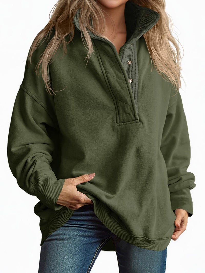 Fisoew Womens Oversized Sweatshirt Casual Snap Stand Collar Long Sleeve Pullover Tops Fall Travel Outfits Army Green - Image 1