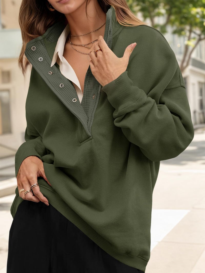 Fisoew Womens Oversized Sweatshirt Casual Snap Stand Collar Long Sleeve Pullover Tops Fall Travel Outfits Army Green - Image 2