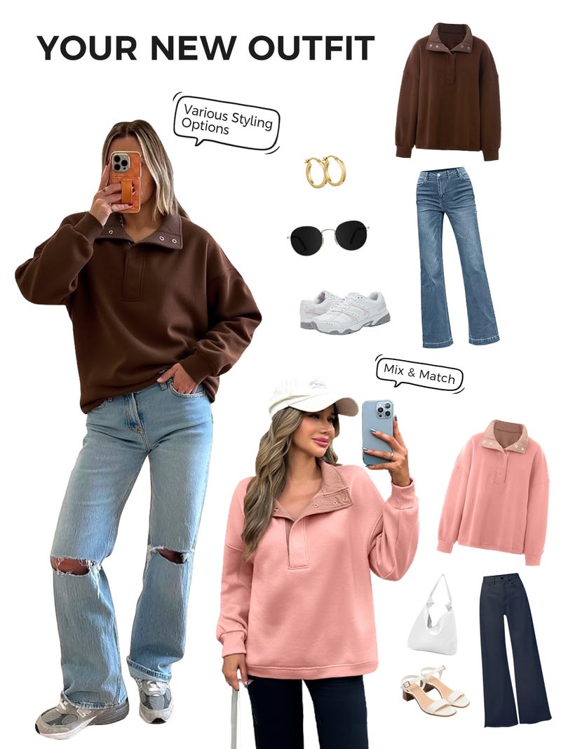 Fisoew Womens Oversized Sweatshirt Casual Snap Stand Collar Long Sleeve Pullover Tops Fall Travel Outfits Army Green - Image 5