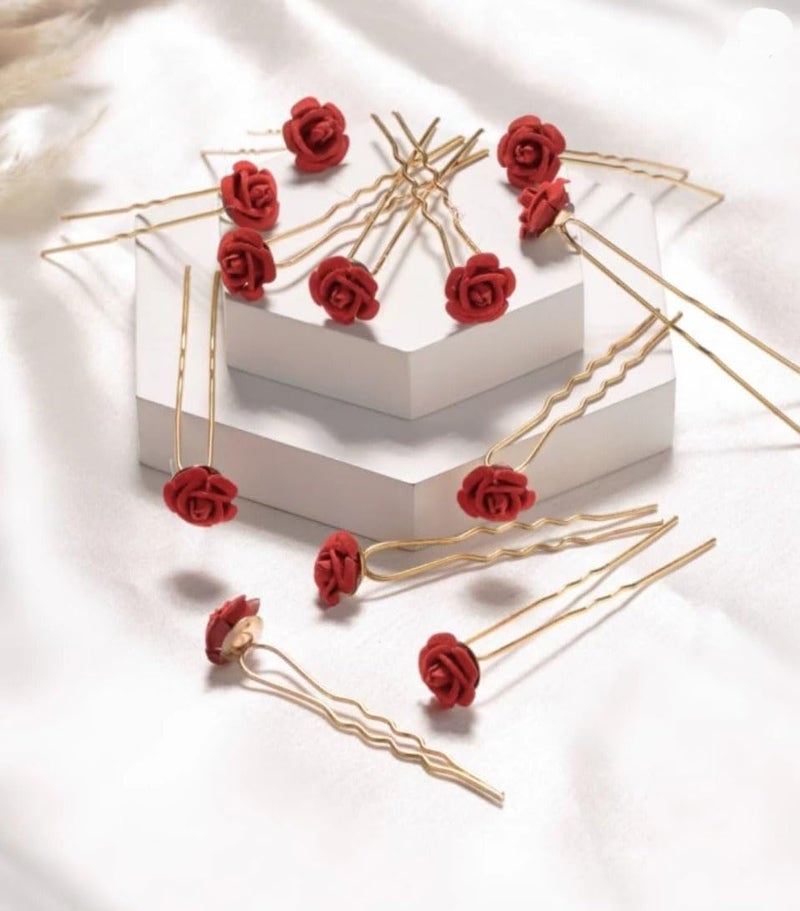 FRESCORR (12-Pieces) Hair Accessories Set | Small Red Flower U-Pins | Decorative Beaded Hair Pins for Women & Girls | Bridal Hair Accessories for Weddings, Parties & Special Occasions - Image 2