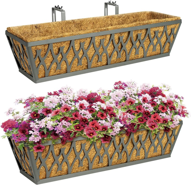Karlliu 2 Pack 24 Inch Window Boxes Planters Railing Planter Box with Adjustable Brackets for Porch Fence Patio Balcony Hanging Flower Baskets with Coco Liners for Outdoor Garden Decor - Dark Grey - Image 1