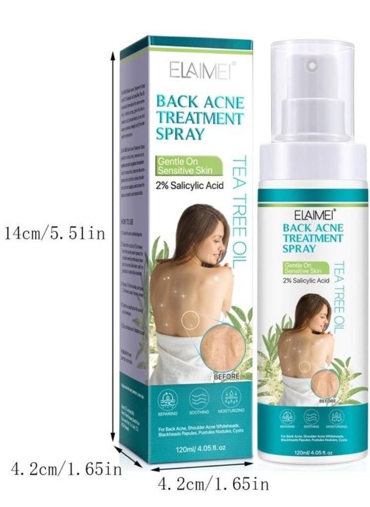 Elaimei - 120ml Back Acne Treatment Spray 2% Salicylic Acid Body Acne Treatment with Herbal Formula Back Acne Spray Solution Tea Tree Oil Spray Soothing and Moisturizing Spray for Sensitive Skin - Image 1