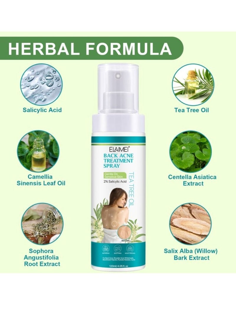 Elaimei 120ml Back Acne Treatment Spray 2% Salicylic Acid Body Acne Treatment with Herbal Formula Back Acne Spray Solution Tea Tree Oil Spray Soothing and Moisturizing Spray for Sensitive Skin  - Image 2