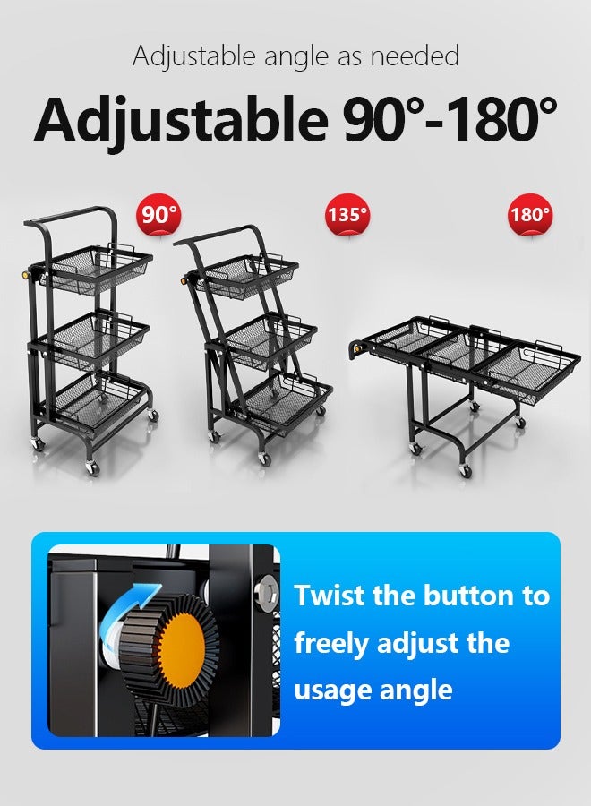3 Tier Kitchen Storage Cart, Multi-Functional Folding Rolling Cart, Metal Utility Cart with Lockable Wheels, Parallel Folding Shelves, Easy to Move Closet Organizer, Kitchen Organizer for Living Room, Kitchen, Bathroom  - Image 4