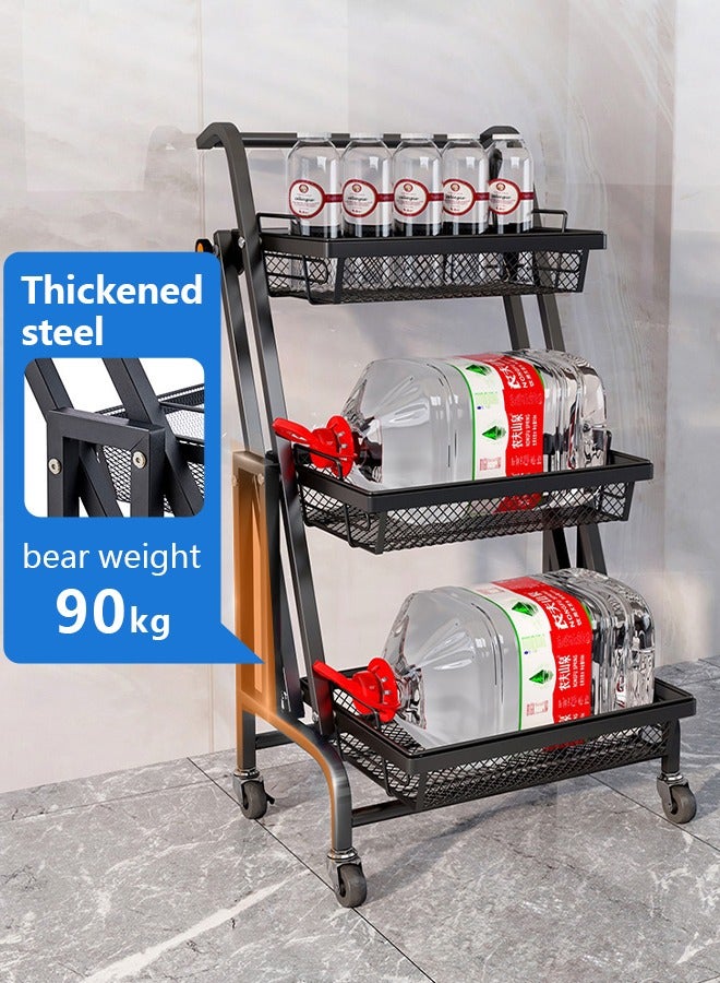 3 Tier Kitchen Storage Cart, Multi-Functional Folding Rolling Cart, Metal Utility Cart with Lockable Wheels, Parallel Folding Shelves, Easy to Move Closet Organizer, Kitchen Organizer for Living Room, Kitchen, Bathroom  - Image 3