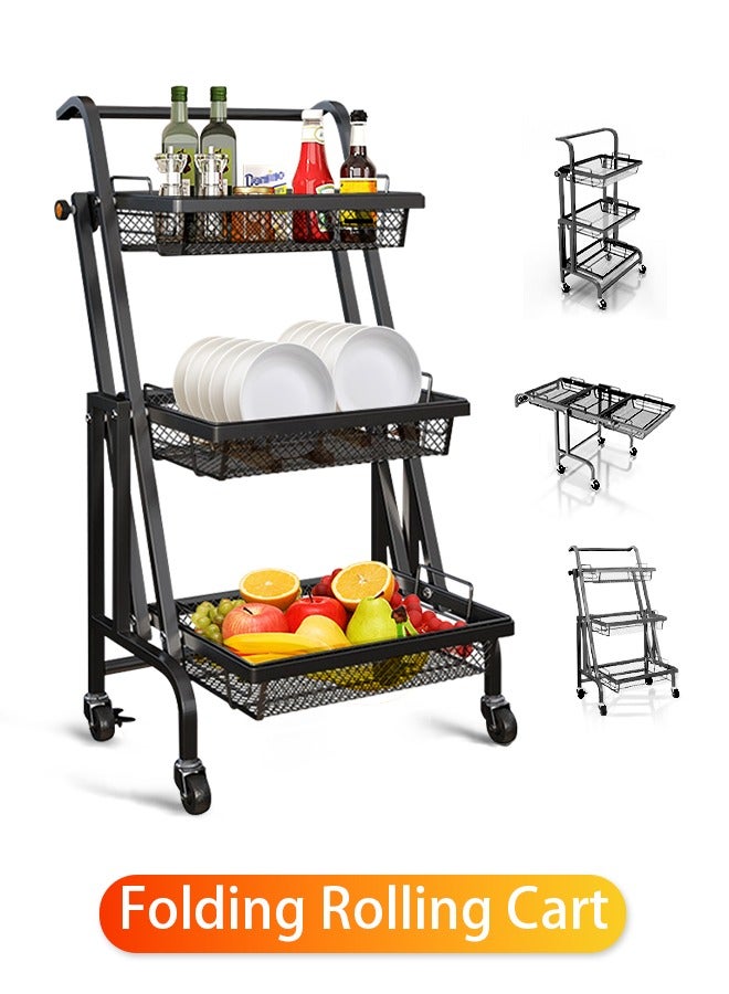 3 Tier Kitchen Storage Cart, Multi-Functional Folding Rolling Cart, Metal Utility Cart with Lockable Wheels, Parallel Folding Shelves, Easy to Move Closet Organizer, Kitchen Organizer for Living Room, Kitchen, Bathroom  - Image 1