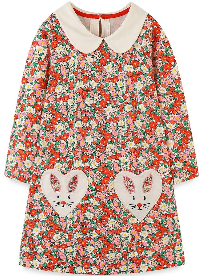Bumeex Baby Toddler Girl's Dress Clothes Spring Fall Winter Long Sleeve Casual Cute Cotton Collar Dresses Clothing Outfits with Pockets Floral and Bunny 2t - Image 1