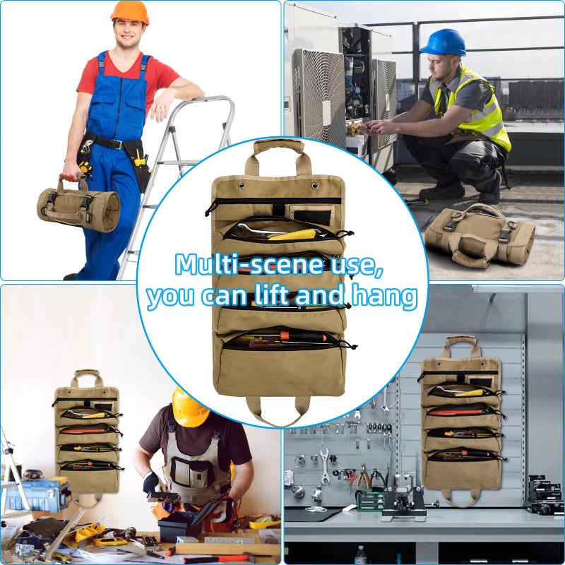 Koolertron Roll Up Tool Bag Organizer, Multi Tool Wrench Roll Tool Storage Bag, 4 Zippers Waterproof Canvas Roll Tool Pockets Bag for Mechanic/Electrician, Tool Roll Pouch - Image 2