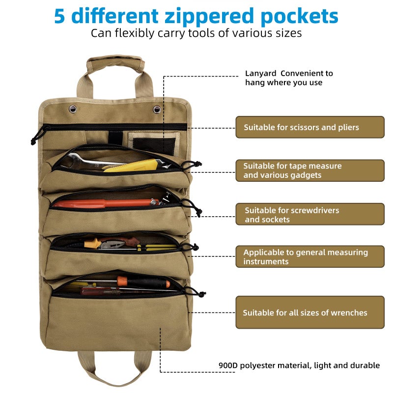 Koolertron Roll Up Tool Bag Organizer, Multi Tool Wrench Roll Tool Storage Bag, 4 Zippers Waterproof Canvas Roll Tool Pockets Bag for Mechanic/Electrician, Tool Roll Pouch - Image 3