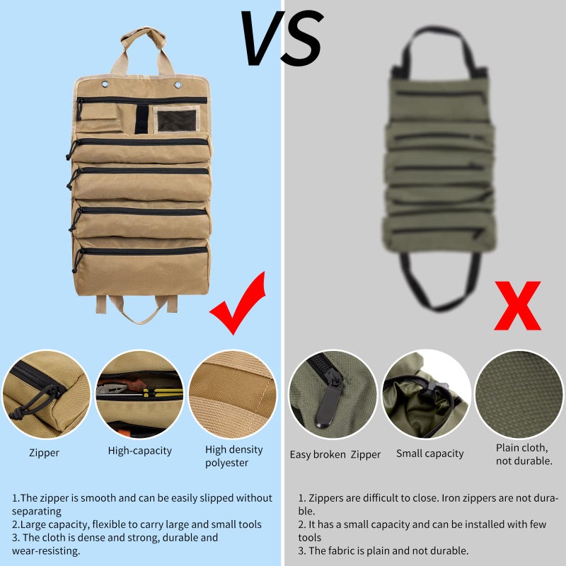 Koolertron Roll Up Tool Bag Organizer, Multi Tool Wrench Roll Tool Storage Bag, 4 Zippers Waterproof Canvas Roll Tool Pockets Bag for Mechanic/Electrician, Tool Roll Pouch - Image 5