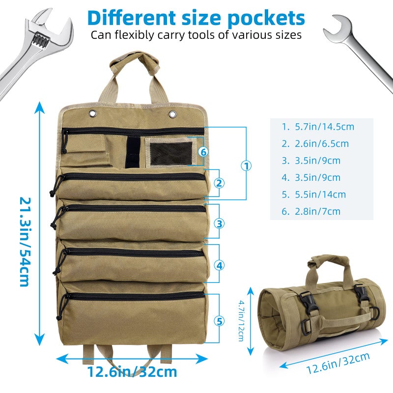Koolertron Roll Up Tool Bag Organizer, Multi Tool Wrench Roll Tool Storage Bag, 4 Zippers Waterproof Canvas Roll Tool Pockets Bag for Mechanic/Electrician, Tool Roll Pouch - Image 4