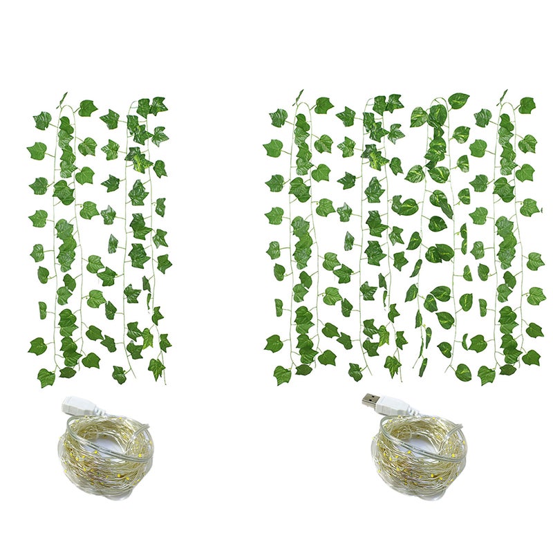 Artificial Ivy Garland: 2M Green Leaf Rattan With 20 LED Copper Wire Lights - USB Powered Fake Leaf Plants Vine for Indoor Outdoor Party Garden Decoration - Image 1