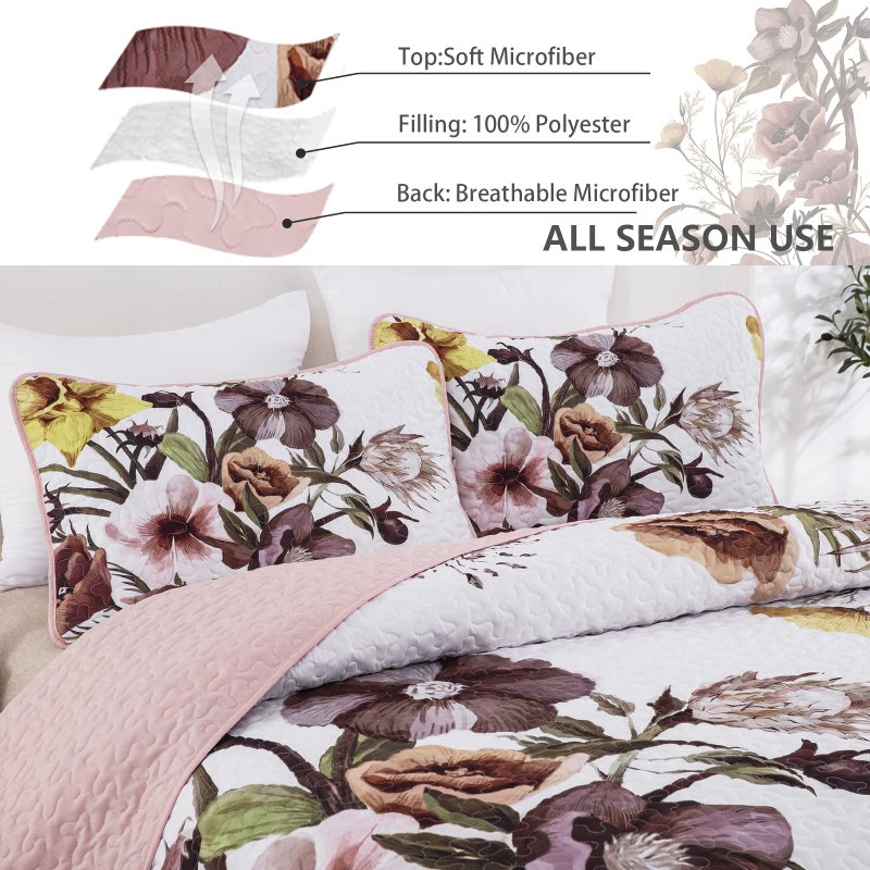 Drucon Floral Quilt Set Queen 3 Pieces Boho Blush Quilt Coverlet Set Soft Microfiber Lightweight Colorful Floral Quilted Bedspread for All Season 90"x96" - Image 5
