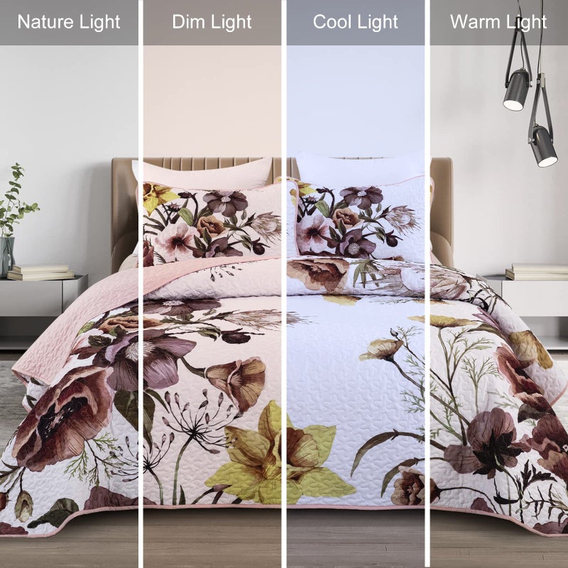 Drucon Floral Quilt Set Queen 3 Pieces Boho Blush Quilt Coverlet Set Soft Microfiber Lightweight Colorful Floral Quilted Bedspread for All Season 90"x96" - Image 3