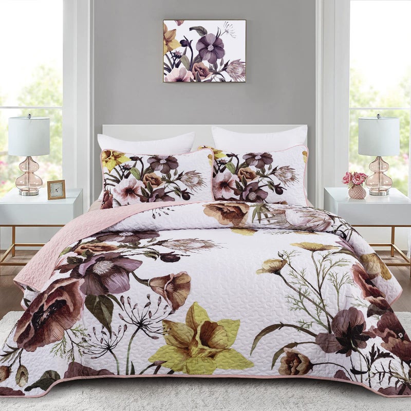 Drucon Floral Quilt Set Queen 3 Pieces Boho Blush Quilt Coverlet Set Soft Microfiber Lightweight Colorful Floral Quilted Bedspread for All Season 90"x96" - Image 1