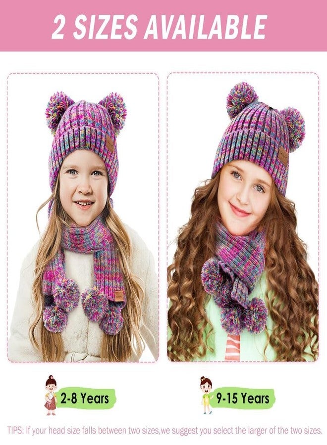 SENPUKI Kids Winter Hat Gloves Scarf Set, Girls Toddler Children Beanie with Pom Knit Neck Warmer Gaiter Mittens Fleece Lined Set（Rainbow Mix） - Image 2