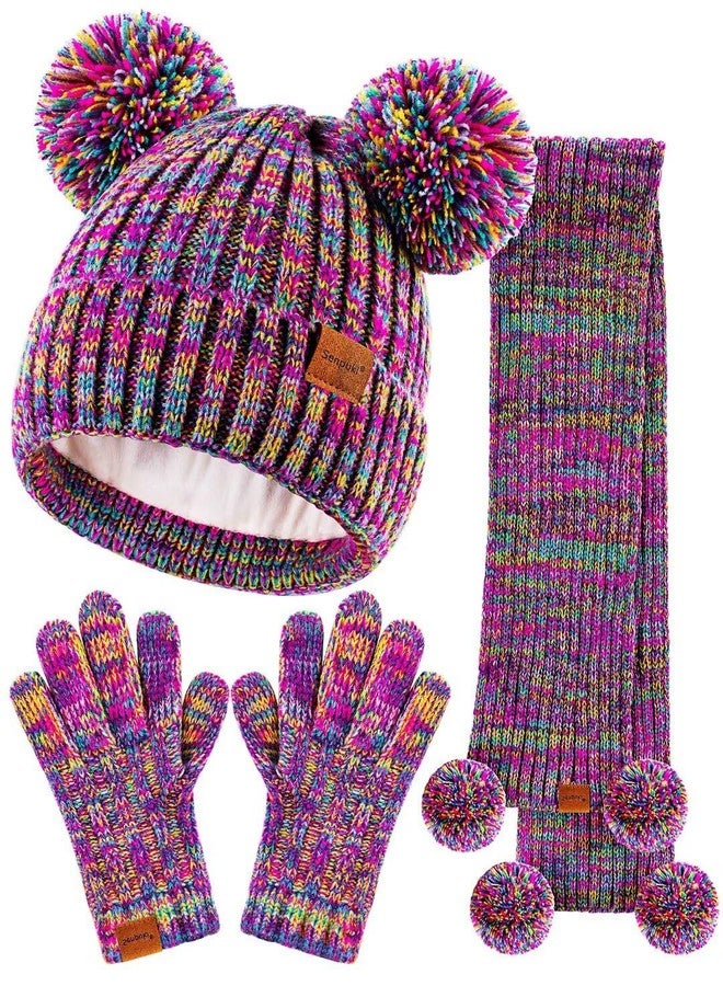 SENPUKI Kids Winter Hat Gloves Scarf Set, Girls Toddler Children Beanie with Pom Knit Neck Warmer Gaiter Mittens Fleece Lined Set（Rainbow Mix） - Image 1