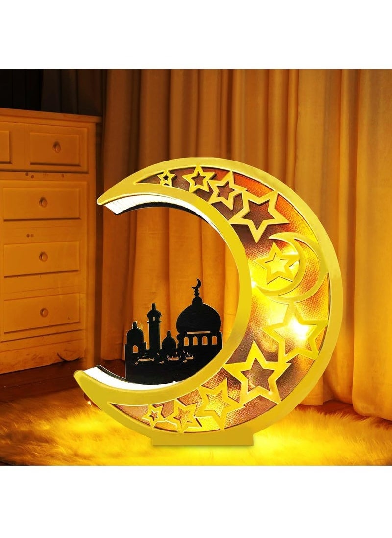 Yoawllty Ramadan Lights, Ramadan Night Light, Ramadan Decorations for Home, Moon Shape Wooden Hollow Light for Ramadan Mubarak Decoration  - Image 1