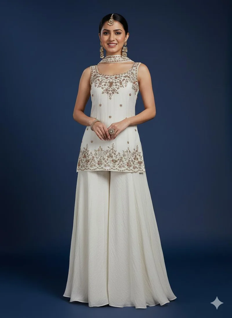 Lehar Ivory Embroidered Sleeveless Gharara Suit