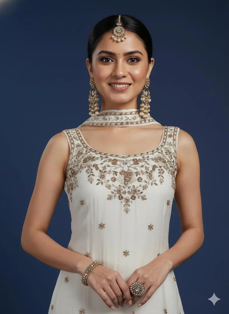 Lehar Ivory Embroidered Sleeveless Gharara Suit