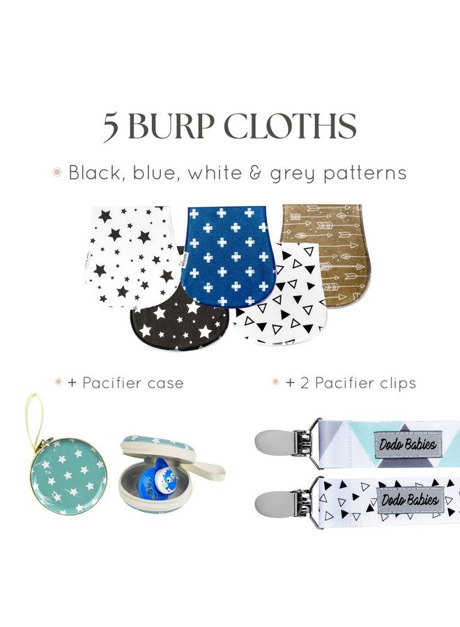 Dodo Babies 5-Pack Baby Burp Cloths - Soft, Absorbent Cotton Burp Cloths - Includes Pacifier Case and 2 Pacifier Clips - Colors: Blue, White and Teal - Newborn Essentials Must Haves - Image 2