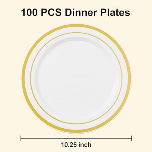 BESTSTAR 100PCS White Plastic Plates for Party, 10.25 Inch Disposable Plates with Gold Rim, Heavy Duty Dinner Plates for Christmas, Thanksgiving, Party, Wedding and Birthday - Image 2
