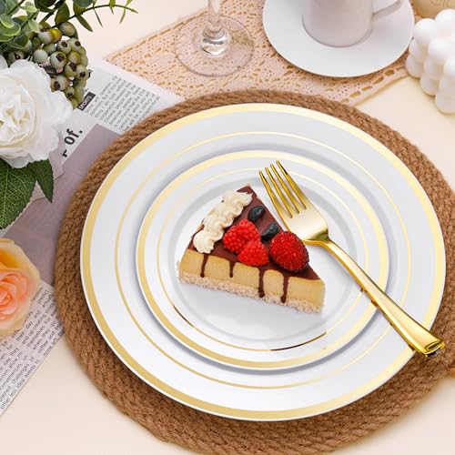 BESTSTAR 100PCS White Plastic Plates for Party, 10.25 Inch Disposable Plates with Gold Rim, Heavy Duty Dinner Plates for Christmas, Thanksgiving, Party, Wedding and Birthday - Image 4