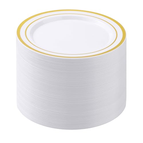 BESTSTAR 100PCS White Plastic Plates for Party, 10.25 Inch Disposable Plates with Gold Rim, Heavy Duty Dinner Plates for Christmas, Thanksgiving, Party, Wedding and Birthday - Image 1