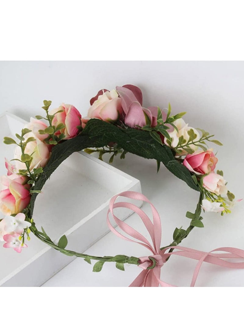 Barakah Flower Headband, Women Adjustable Floral Crown, Boho Headband Hair Wreath Headpiece Halo with Ribbon Wedding Party Festival Photos Props - Image 4