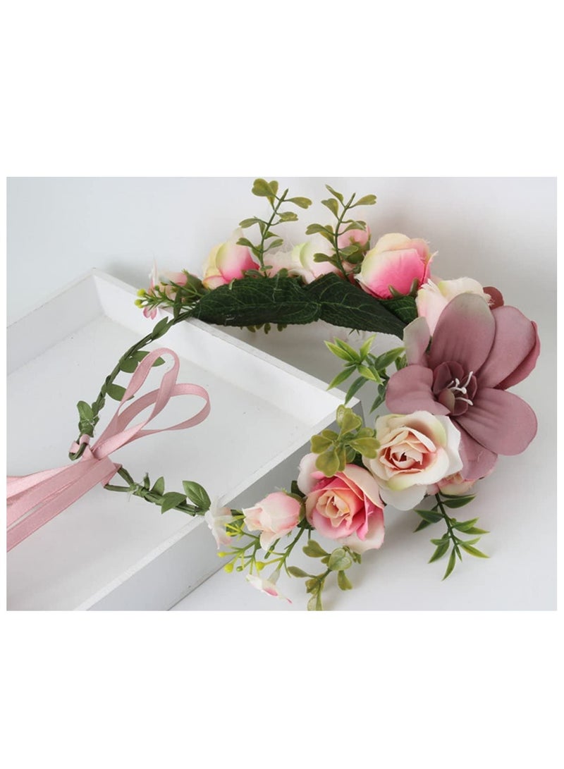 Barakah Flower Headband, Women Adjustable Floral Crown, Boho Headband Hair Wreath Headpiece Halo with Ribbon Wedding Party Festival Photos Props - Image 3