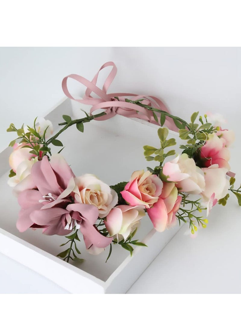 Barakah Flower Headband, Women Adjustable Floral Crown, Boho Headband Hair Wreath Headpiece Halo with Ribbon Wedding Party Festival Photos Props - Image 2