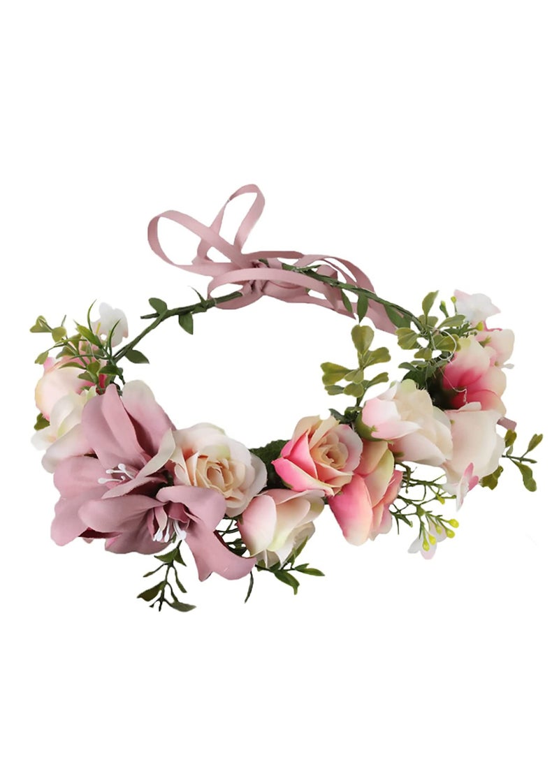 Barakah Flower Headband, Women Adjustable Floral Crown, Boho Headband Hair Wreath Headpiece Halo with Ribbon Wedding Party Festival Photos Props - Image 1