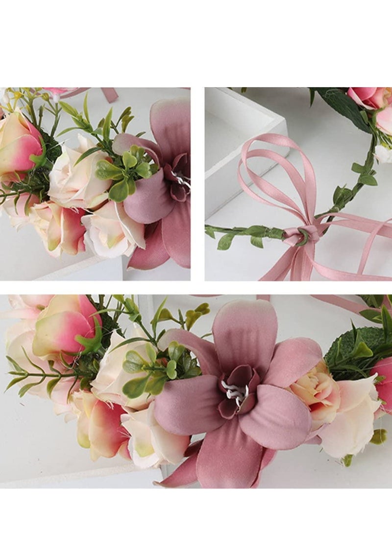 Barakah Flower Headband, Women Adjustable Floral Crown, Boho Headband Hair Wreath Headpiece Halo with Ribbon Wedding Party Festival Photos Props - Image 5