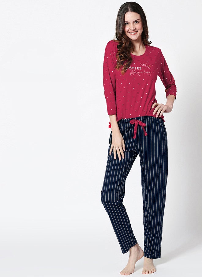 Zeyo Women Red & Navy Blue Printed Night Suit - Image 2